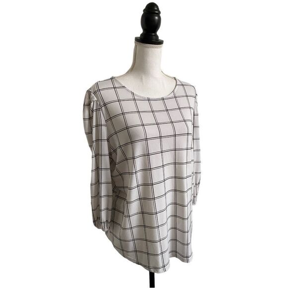 Adrianna Papell Windowpane Grid Print 3/4 Sleeve Blouse White & Black Size Large - Picture 3 of 8